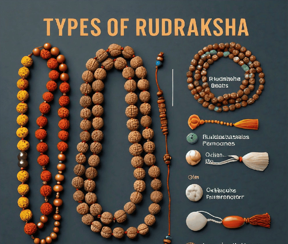 An infographic illustrating the different types of Rudraksha beads and their associated benefits for yoga practitioners